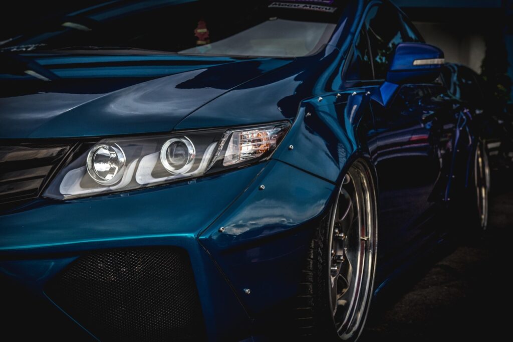 body kit, car, car wallpaper, custom, low suspension, lowered, car wallpapers, modifications, parking, side, blue car, blue wallpaper, blue park, blue body